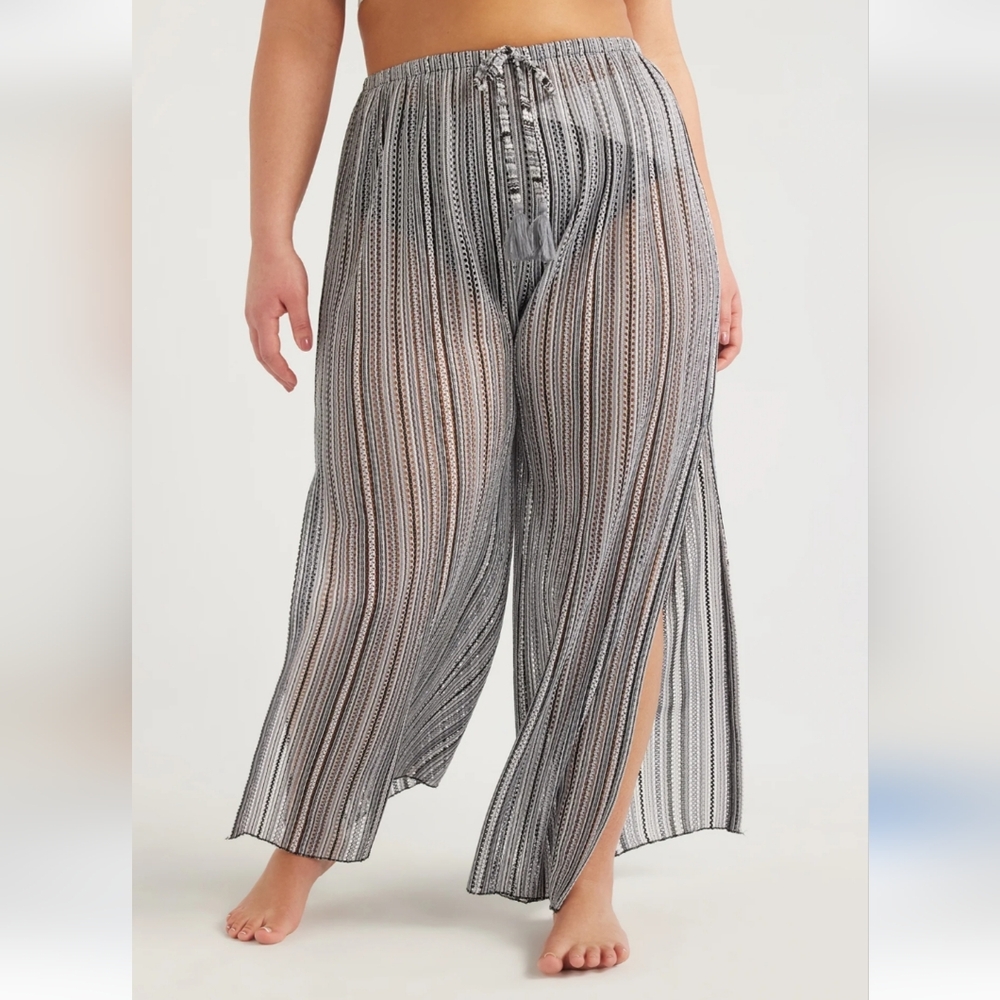 #812 Beaches And Boho Swimwear Coverup  Sheer Striped Wide-Leg Pants